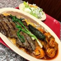 #15 Steak and Shrimp Plate/Asada con Camarones · Steak, Shrimp prepared to order, rice, beans (with cheese), tortillas, small side salad.