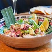 Shrimp & Octopus Ceviche Mixto · Local Mexican jumbo white shrimp, tender
octopus, lime, habanero, red onion, cucumber, cila...