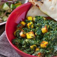Saag Paneer · Spinach, paneer, garlic, onion and green chili. Includes serving of rice. Vegetarian.