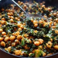 Saag Chana · Chickpeas with cumin, garlic, and spices with spinach,  Includes serving of rice.