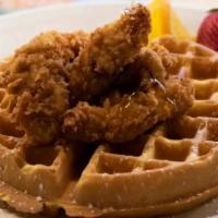Chicken & Waffles · 2 Crispy Chicken tenders and golden waffle with a side of whipped butter.