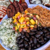 Tropicali Bowl · Shredded Chicken Breast, Fried Plantains, Mango Salsa, Cilantro lime rice, Black beans, cila...