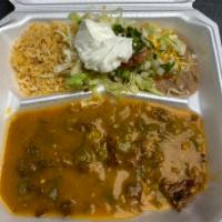 Green Chili Plate · Green chili with pork.