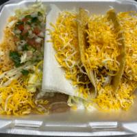 Crunchy Tacos Combo · 3 pieces. Chicken or beef hard shell tacos, with lettuce, tomatoes, and cheese. No tortillas...