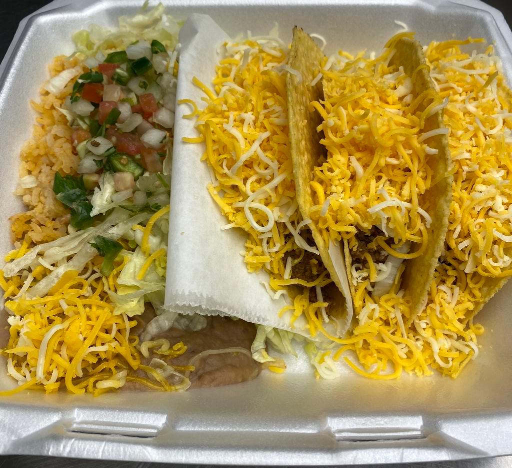 Crunchy Tacos Combo · 3 pieces. Chicken or beef hard shell tacos, with lettuce, tomatoes, and cheese. No tortillas on the side.