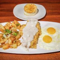 Breakfast Chicken Fried Chicken · House battered and fried, topped with cream gravy and served with 2 eggs your way, country p...