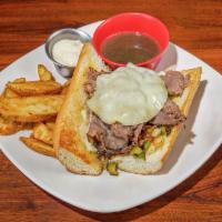 French Dip · Warm roast beef with provolone cheese and mayo on a grilled hoagie. Creamy horseradish avail...