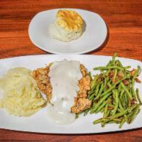 Chicken Fried Steak Plate · House battered and fried and topped with cream gravy. Served with mashed potatoes, choice of...