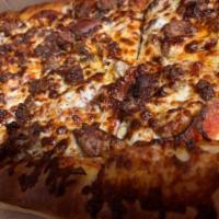 Meat Me at Ziggy's · Pepperoni, Italian sausage, smoked bacon, beef and Canadian bacon on marinara.