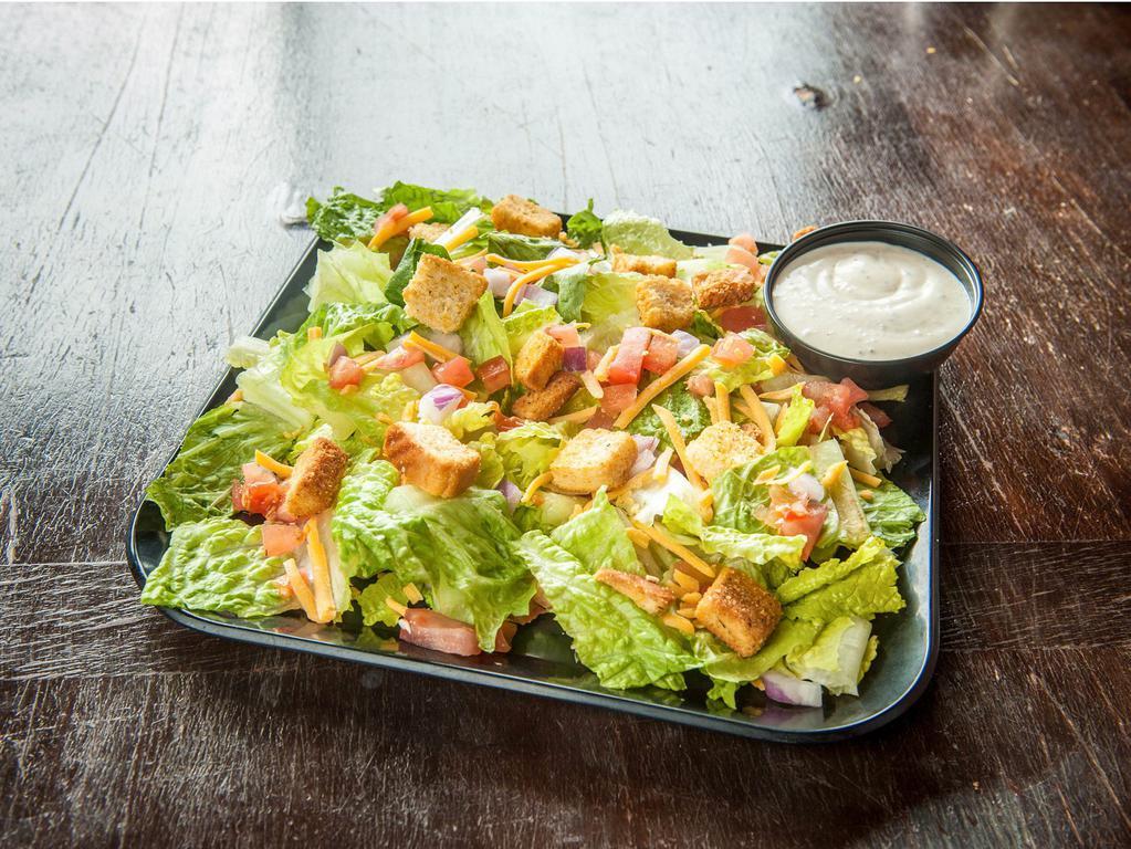Full Garden Salad · Romaine lettuce, diced tomato, cheddar, onion and croutons served with choice of dressing.