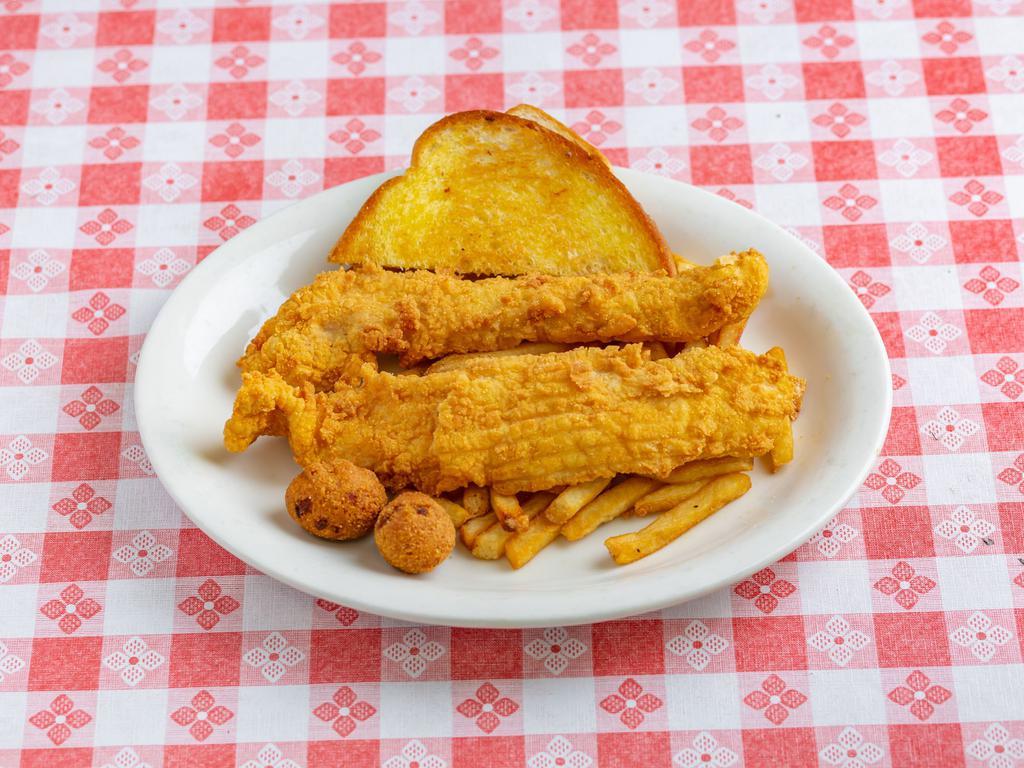 Catfish Platter · Catfish fried to crispy perfection, served with fries and southern style hush puppies.