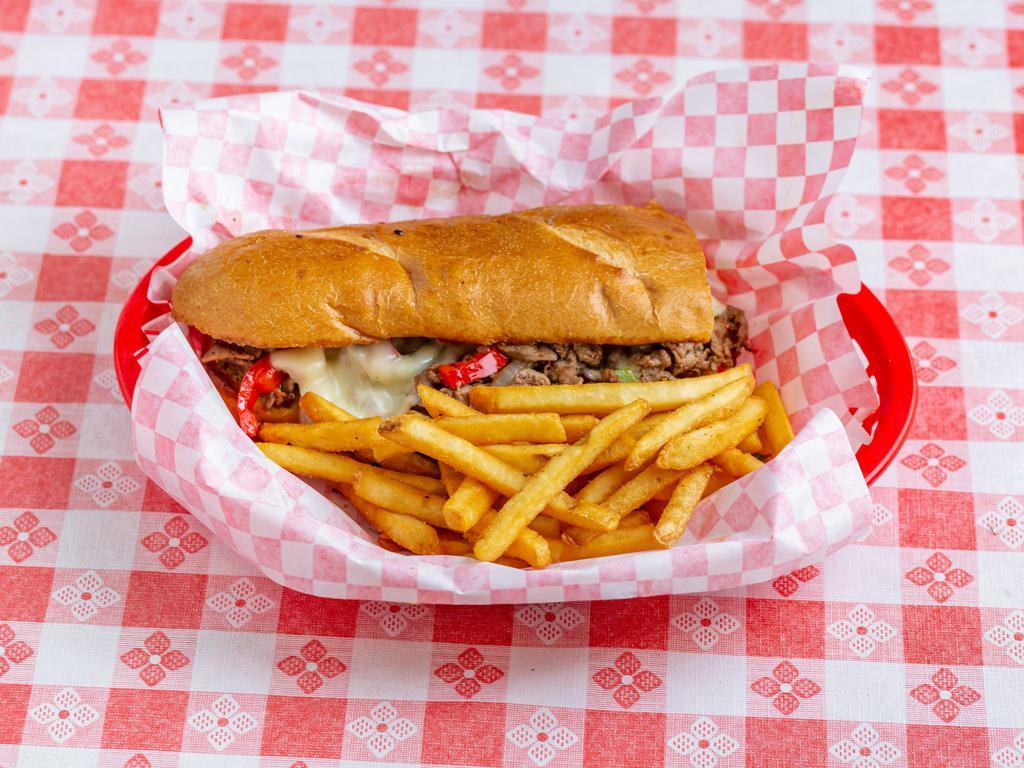 Philly Cheesesteak · Thinly sliced ribeye steak, onions, peppers and Swiss cheese, served on a hoagie roll.