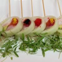 Princess Roll · Tuna, salmon, yellowtail, avocado, crabmeat wrap with cucumber.
