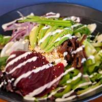 Veggie Poki · Spring mix, yellow onion, cucumber, seaweed salad, avocado, sushi rice, oshinko, shitake, to...
