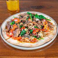 Vegan Sausage, Mushroom and Spinach Pizza · Marinara, vegan mozzarella, olive oil, sun-dried tomatoes, fresh herbs on hand formed pizza ...