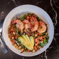 Shrimp Bowl · Wild Rice, shrimp, chickpea, lentils, avocado, tomato, mixed greens, lemon vinaigrette