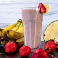 Strawberry Dream · Fresh pineapple, banana, fresh strawberry, almond milk, organic vanilla plant based protein