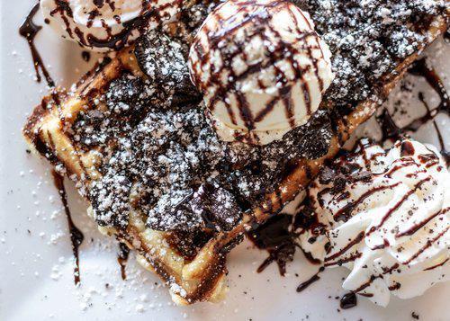 Oreo Waffle · Crushed Oreos, chocolate sauce, whipped cream and vanilla gelato.