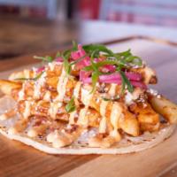 La Poutina  · Fries, Barbacoa Jus, Spicy Mayo, Pickled Red Onions, Cotija Cheese, Bacon