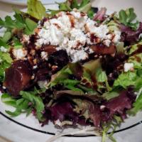 Fichi Salad · Fig and balsamic reduction and mixed greens with goat cheese. Fresh hot home-made bread.