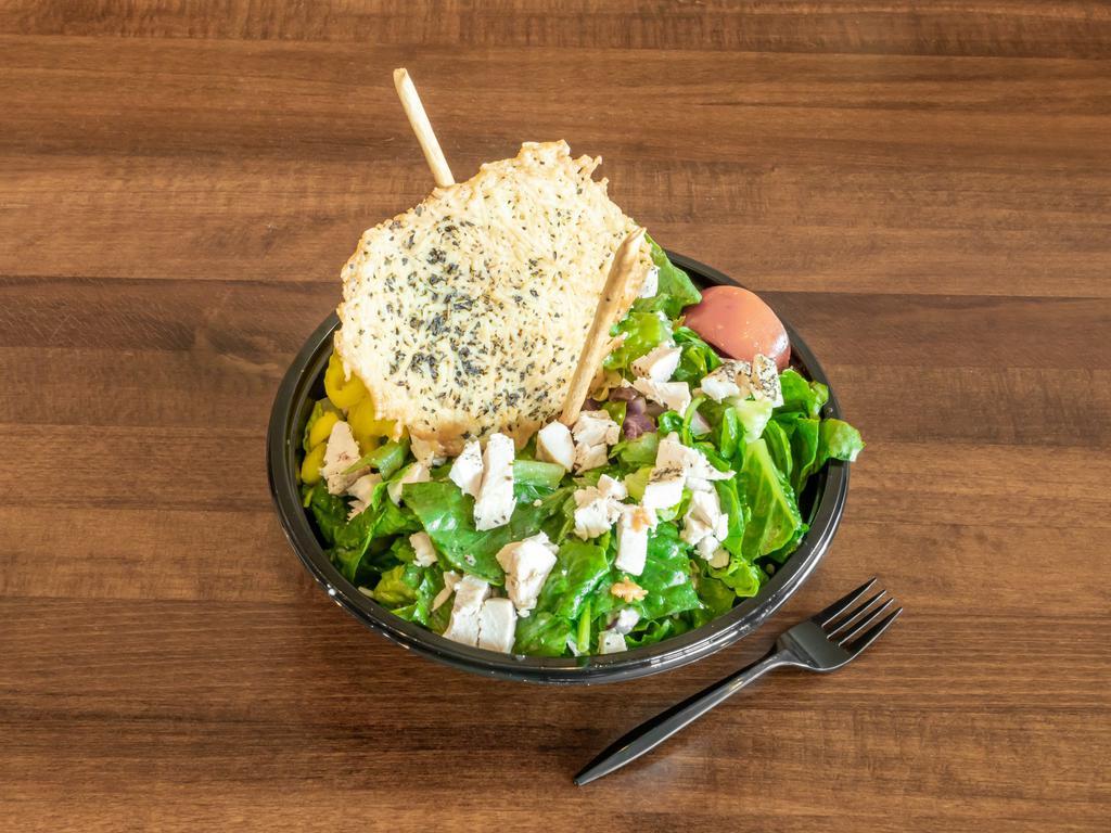 Greek Salad · Greek salad with chicken, capers, artichokes, kalamata olives, banana pepper, feta cheese, tomato, and red onion.