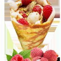 7. Lychee Romantic Crepe · Lychees, raspberries, rose custard cream, whipped yogurt and crushed pistachio.
