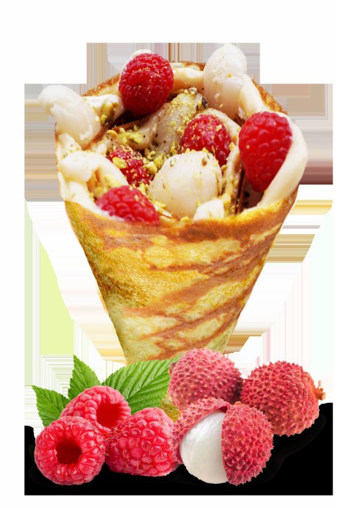M7. Lychee Romantic · Lychees, raspberries, rose custard cream, whipped yogurt, and crushed pistachio.