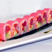 Feng Shui Maki Roll · Cooked shrimp, salmon, tuna, yellowtail, avocado, tobiko and spicy mango,