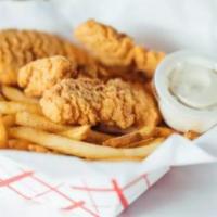 Chicken Tender Basket · 3 big, homestyle chicken tenders, served with your choice of fries, onion rings or tater tots.