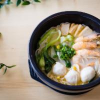 R18. Seafood Rice Noodles 海鲜冒菜火锅 · Spicy soup base with shrimp, mussels, imitation crab meat, fish balls, rice noodles and vege...