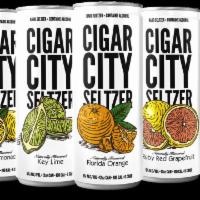 Cigar City Hard Seltzer Citrus · Citrus grab pack. Meyer Lemon, Florida Orange, Key Lime, and Ruby Red Grapefruit. 

5% abv...