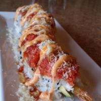 Red Dragon Roll · Nori (dried seaweed), sushi rice, sesame seed, crabmeat salad, cucumber, avocado, and shrimp...