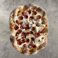 Hot honey pepperoni · Fresh mozzarella, roni cup pepperoni, hot chili honey, shaved parmesan cheese, extra virgin ...