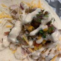 Chicken Fiesta Tacos · 2 Tacos- pulled chicken, shredded cheese, corn jalapeno salsa and topped with White Alabama ...