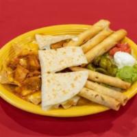 Grand Cabana Sampler · Delicious red or green Chile verde nachos, cheese quesadillas, chicken or beef taquitos, chi...