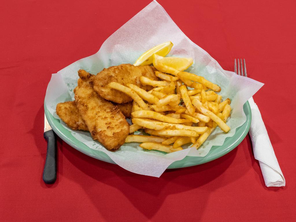 Fish and Chips · Fried beer-battered cod served with crunchy french fries. Sorry, no rice and beans on this one.