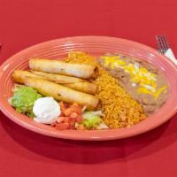 3 Flautas · Flour tortillas filled with shredded beef or chicken rolled and deep-fried to a golden brown...