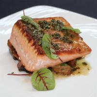 King Salmon · King Salmon with roasted root vegetables and salsa verde.
