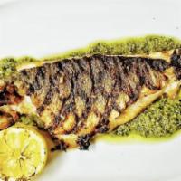 Whole Grilled Branzino · Mediterranean sea bass, lemon-caper pesto.