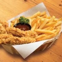 Chicken Strips Basket · (630 cals.) 5 golden-fried chicken tenders. Served with steak fries and BBQ dipping sauce.