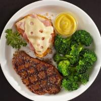 Steak and Malibu Chicken Combo · (659 cals.) 6 oz. steak paired with crispy chicken with ham and melted Swiss. Served with Ma...