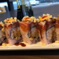 Rock Mountain  Roll · Shrimp tempura, crabmeat, top spicy tuna, crabstick, with ell sauce, spicy mayo, Sriracha, a...