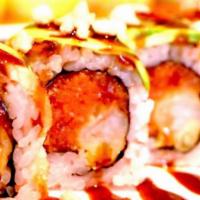 Hot Dragon  Roll · Shrimp tempura, spicy tuna, top eel, avo, with eel sauce, spicy mayo, Sriracha, and crunch.