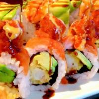 Forest  Roll · Shrimp tempura, avo, top salmon, spicy tuna dot with ell sauce, and spicy mayo,