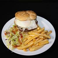 Bigotes Burger · Patty, cheese, bacon, fried egg with a side of fries.