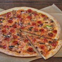 Bronx Pie · Flippin’ pizza sauce, 100% whole milk mozzarella, pepperoni, sausage, green bell peppers, re...