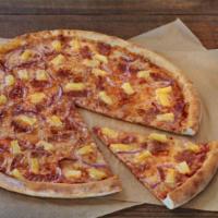 Hawaiian Bacon Pie · Flippin' pizza sauce, 100% whole milk mozzarella, bacon, pineapple and red onions.