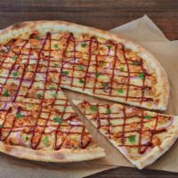 BBQ Chicken Pie · Chicken marinated in BBQ sauce, 100% whole milk mozzarella, red onions and fresh cilantro.