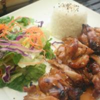 Chicken Plate · Juicy marinated chicken breast on rice & veggies. Topped with teriyaki sauce & sesame seeds....
