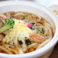 Chicken Udon · Noodle soup with cabbage, carrots, broccoli, sprouts, seaweed, corn and sweet tofu.
